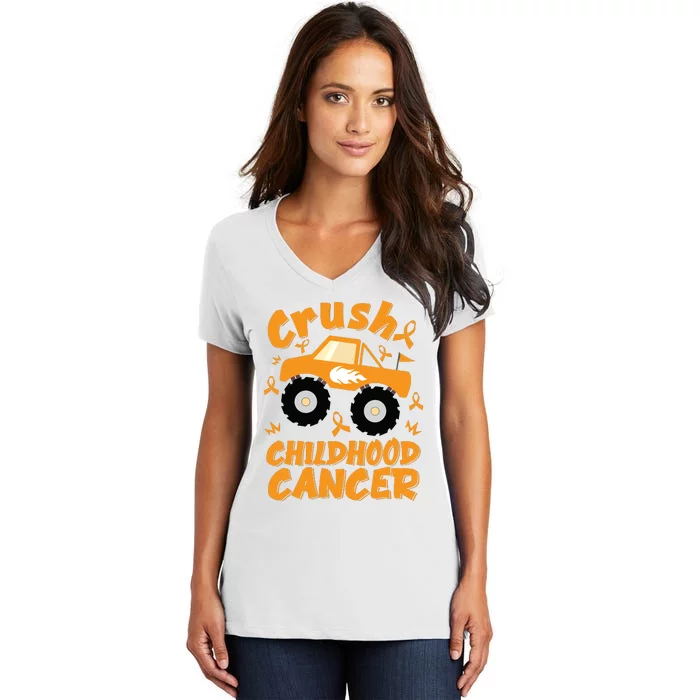 Crush Childhood Cancer Awareness Monster Truck & Gold Ribbon Women's V-Neck T-Shirt