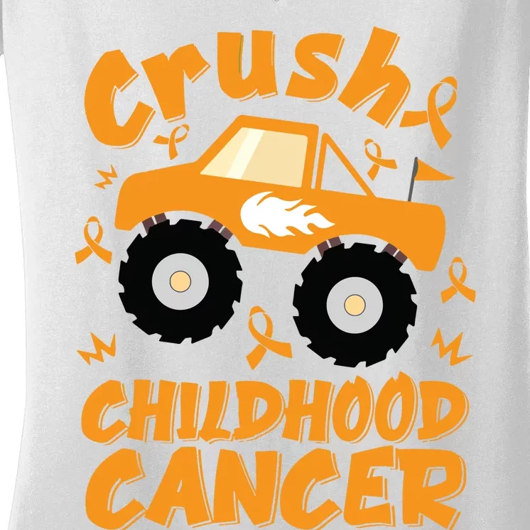 Crush Childhood Cancer Awareness Monster Truck & Gold Ribbon Women's V-Neck T-Shirt