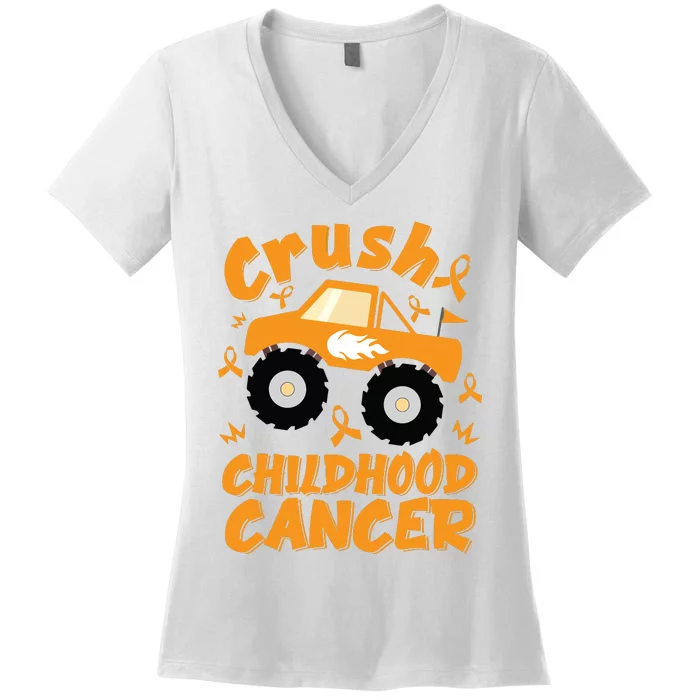 Crush Childhood Cancer Awareness Monster Truck & Gold Ribbon Women's V-Neck T-Shirt