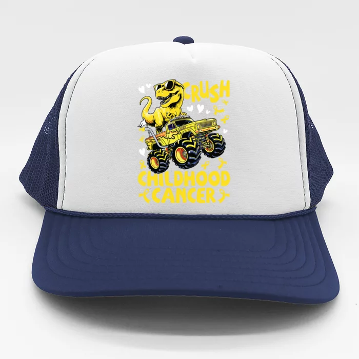 Crush Childhood Cancer Awareness Monster Truck Dinosaur Trucker Hat