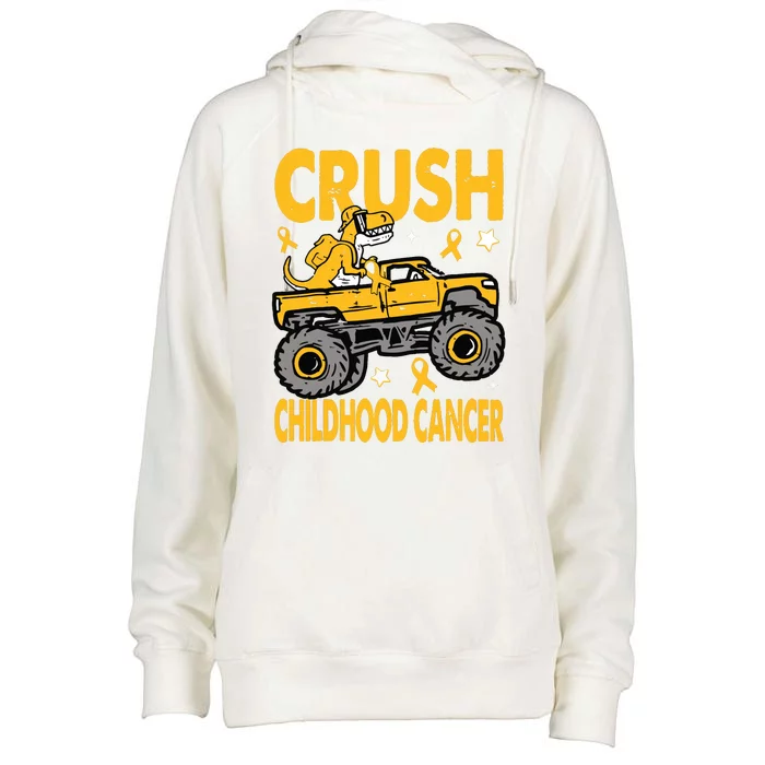 Crush Childhood Cancer Awareness Monster Truck Dinosaur Womens Funnel Neck Pullover Hood