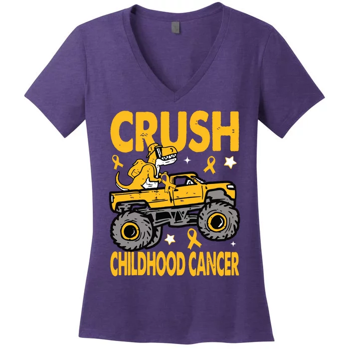 Crush Childhood Cancer Awareness Monster Truck Dinosaur Women's V-Neck T-Shirt