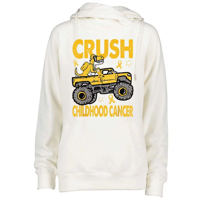 Crush Childhood Cancer Awareness Monster Truck Dinosaur Womens Funnel Neck Pullover Hood