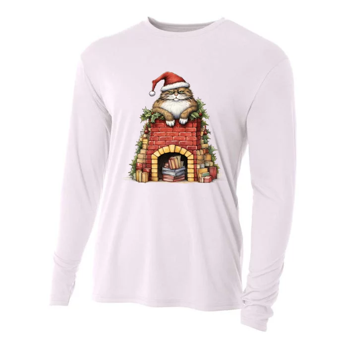 Christmas Cat Chimney Books Cooling Performance Long Sleeve Crew