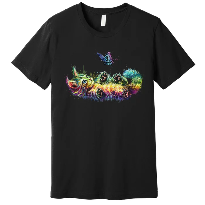 colorful cute cat playing butterfly art lovers kitten Kitty Premium T-Shirt