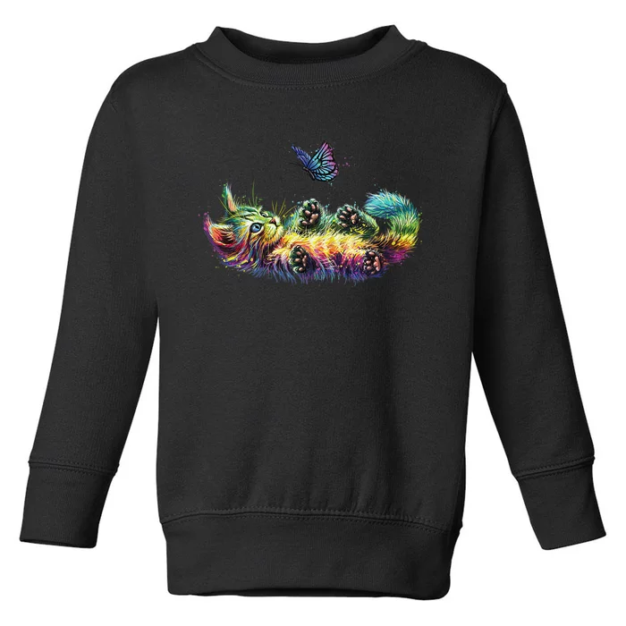 colorful cute cat playing butterfly art lovers kitten Kitty Toddler Sweatshirt