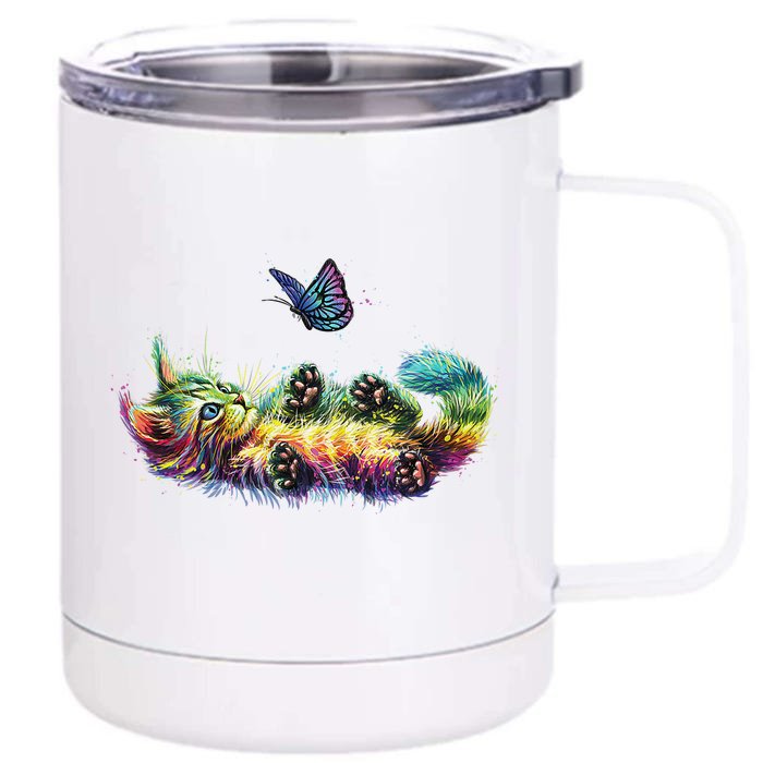 colorful cute cat playing butterfly art lovers kitten Kitty Front & Back 12oz Stainless Steel Tumbler Cup