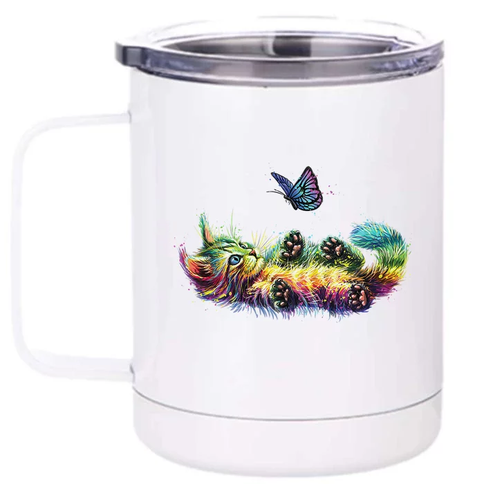 colorful cute cat playing butterfly art lovers kitten Kitty Front & Back 12oz Stainless Steel Tumbler Cup