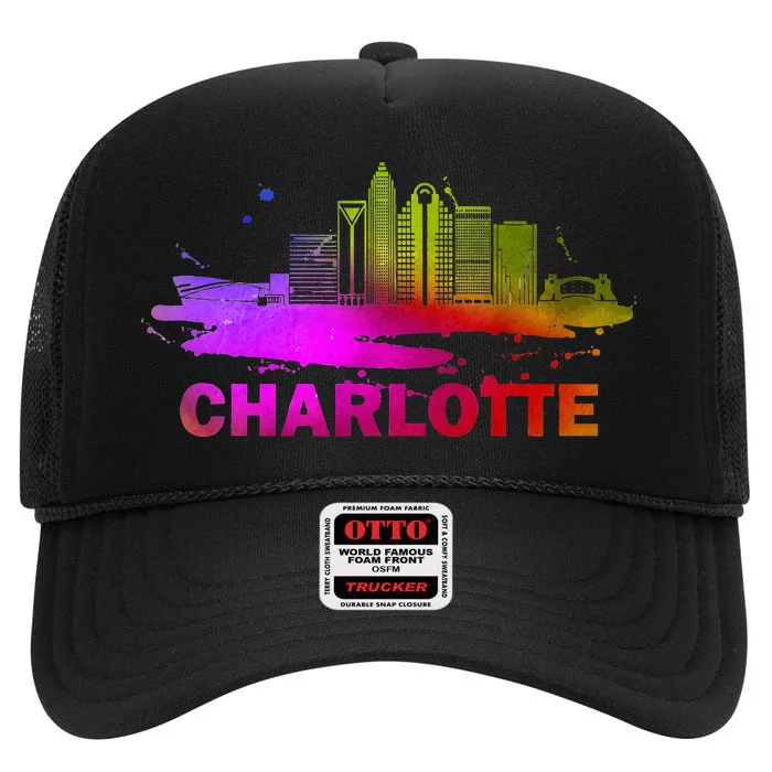 Colorful Charlotte Cityscape Souvenir Charlotte Skyline High Crown Mesh Trucker Hat