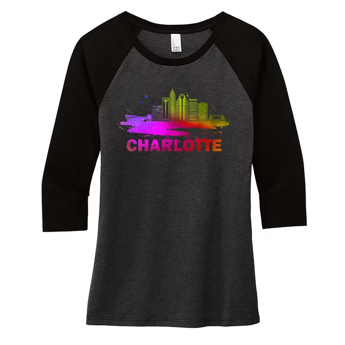 Colorful Charlotte Cityscape Souvenir Charlotte Skyline Women's Tri-Blend 3/4-Sleeve Raglan Shirt