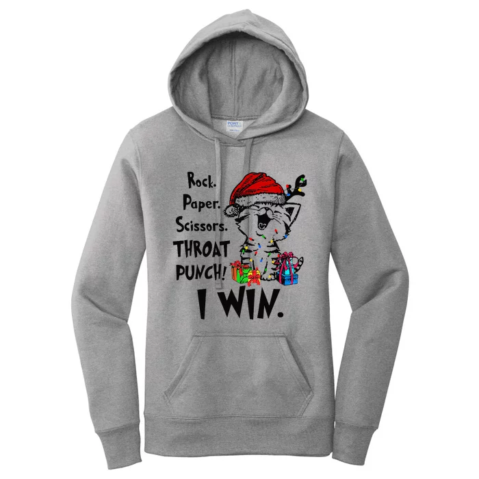 Cute Cat Christmas Rock Paper Scissors Throat Punch I Win Women's Pullover Hoodie