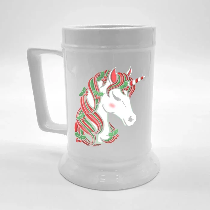 Cute Candy Cane Unicorn Christmas Matching Top Gift Front & Back Beer Stein