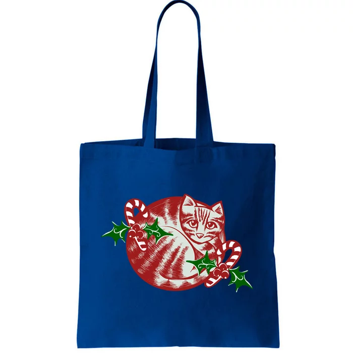 Candy Cane Curled Up Cat Christmas Kitty Gift Tote Bag