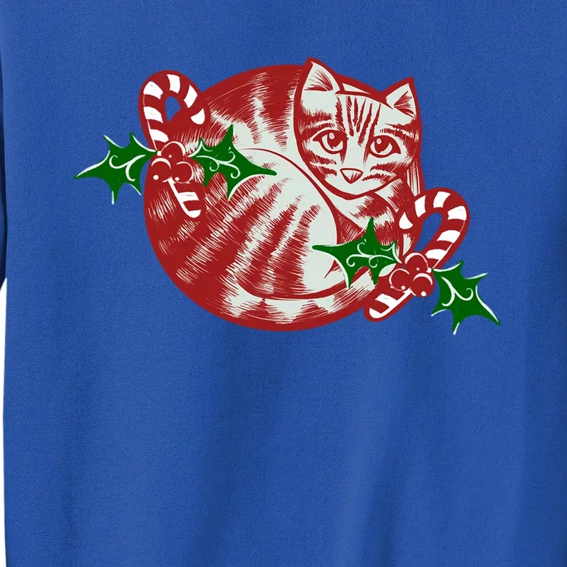 Candy Cane Curled Up Cat Christmas Kitty Gift Tall Sweatshirt