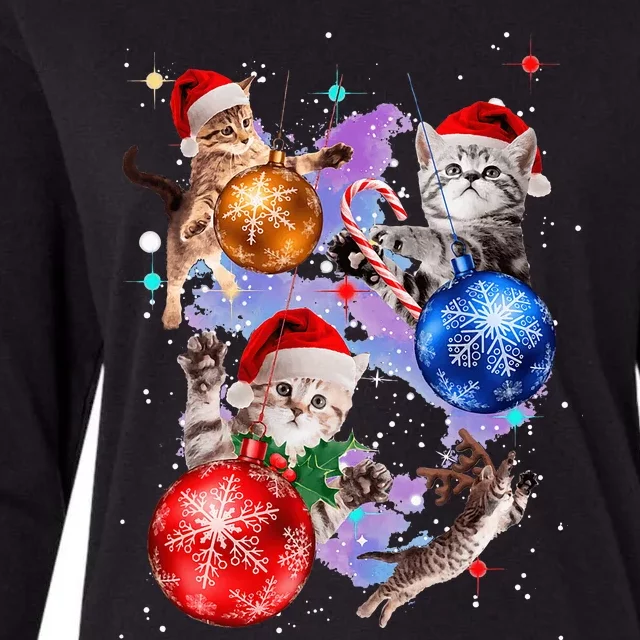 Cute Christmas Cats In Space Ornaments Graphic Womens Cotton Relaxed Long Sleeve T-Shirt