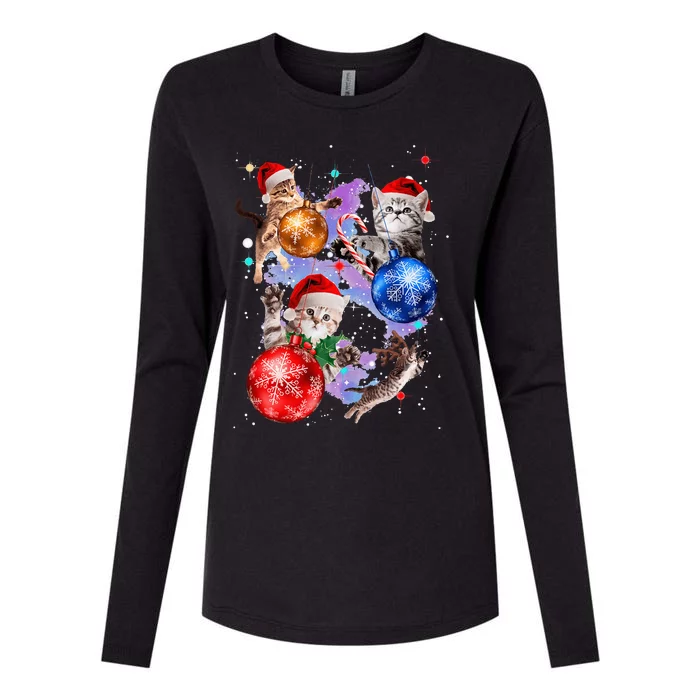 Cute Christmas Cats In Space Ornaments Graphic Womens Cotton Relaxed Long Sleeve T-Shirt