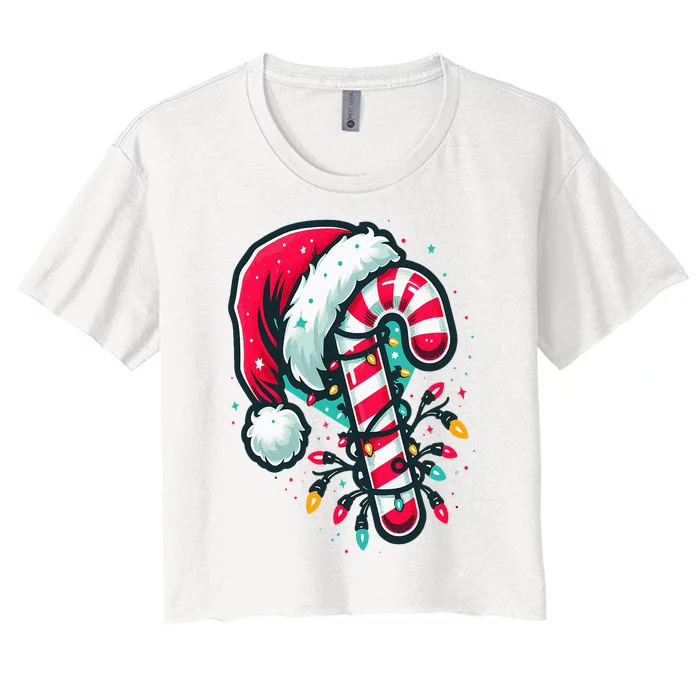 Candy Cane Crew Christmas Lights Family Matching Xmas Women's Crop Top Tee