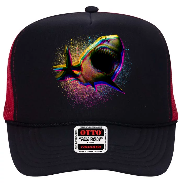 Cool Colorful CMYK Paint Spatter Shark High Crown Mesh Trucker Hat