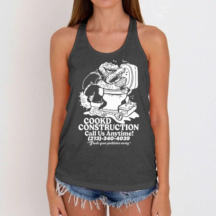 Cookd Construction Call Us Anytime 213 340 4039 Flush Your Problems Away Women's Knotted Racerback Tank