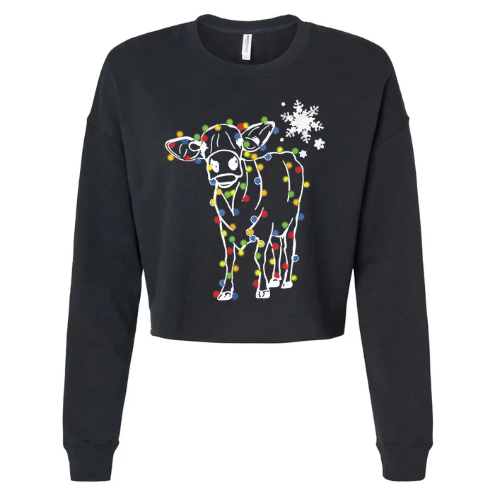 Cute Cow Christmas Lights Snow Lover Family Pajama Gifts Cropped Pullover Crew