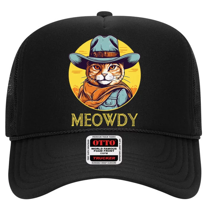 Cat Cowboy Cowgirl Halloween Meow Howdy Meowdy High Crown Mesh Trucker Hat