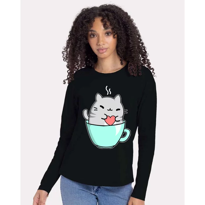 Cute Cat Coffee Lover Gift Womens Cotton Relaxed Long Sleeve T-Shirt