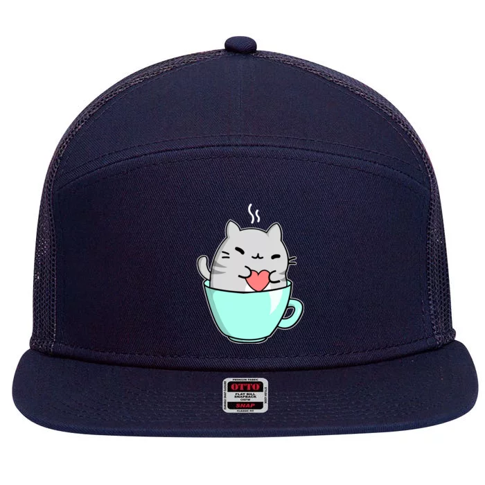 Cute Cat Coffee Lover Gift 7 Panel Mesh Trucker Snapback Hat