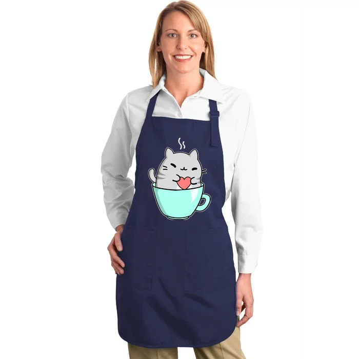 Cute Cat Coffee Lover Gift Full-Length Apron With Pocket