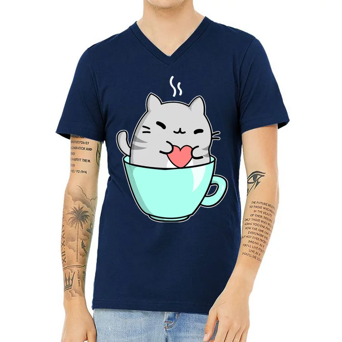 Cute Cat Coffee Lover Gift V-Neck T-Shirt