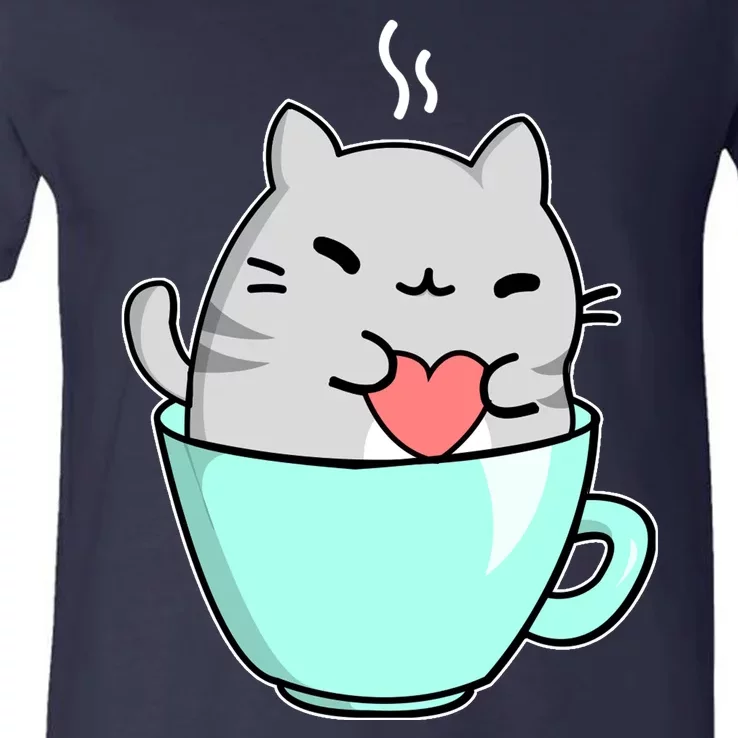 Cute Cat Coffee Lover Gift V-Neck T-Shirt