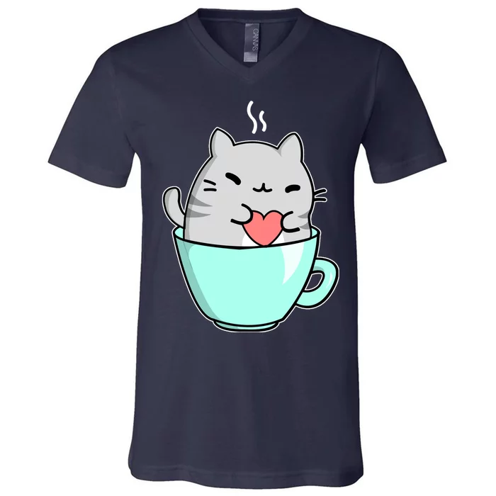 Cute Cat Coffee Lover Gift V-Neck T-Shirt