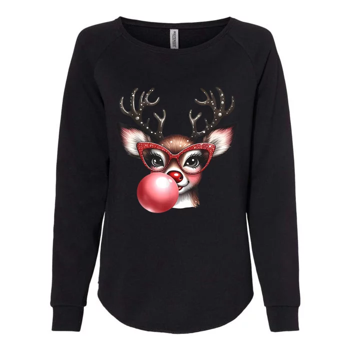 Cute Christmas Coquette Reindeer Blowing Bubble With Glasses Deer Xmas Gift Womens California Wash Sweatshirt