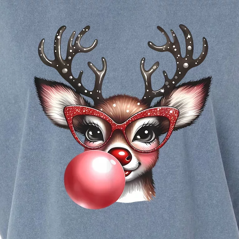 Cute Christmas Coquette Reindeer Blowing Bubble With Glasses Deer Xmas Gift Garment-Dyed Women's Muscle Tee