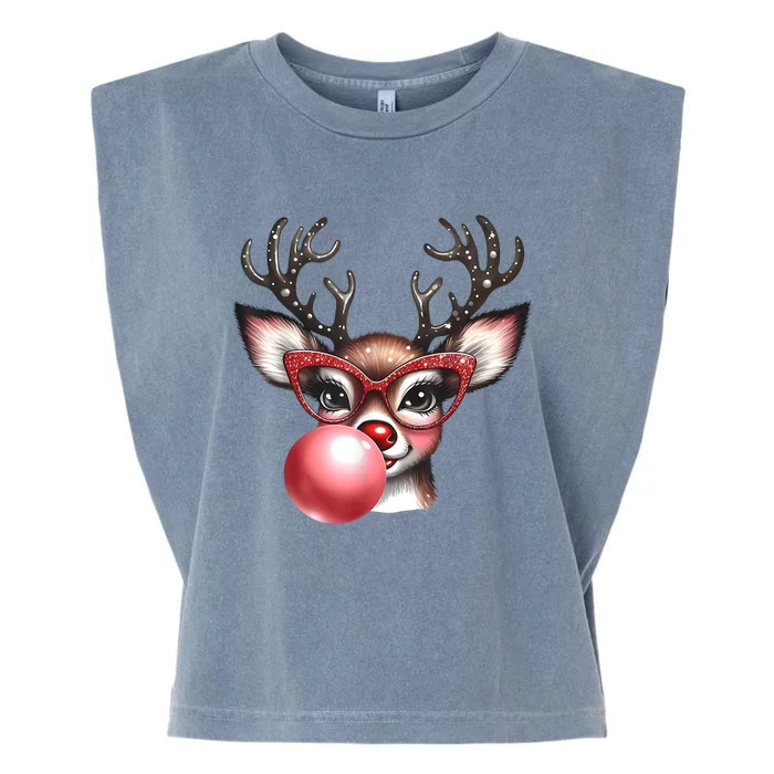 Cute Christmas Coquette Reindeer Blowing Bubble With Glasses Deer Xmas Gift Garment-Dyed Women's Muscle Tee