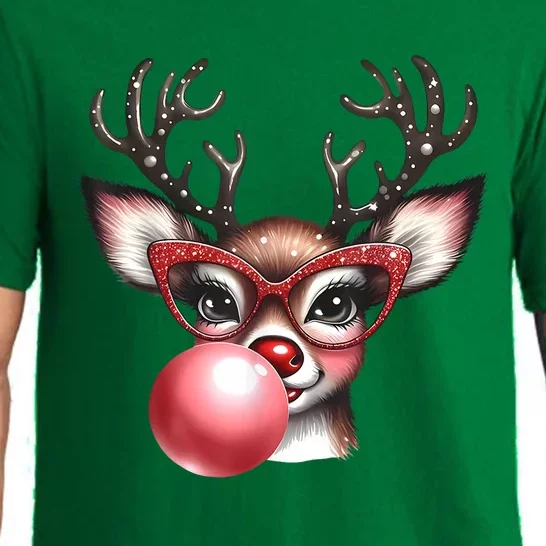 Cute Christmas Coquette Reindeer Blowing Bubble With Glasses Deer Xmas Gift Pajama Set