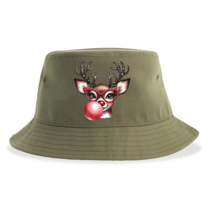 Cute Christmas Coquette Reindeer Blowing Bubble With Glasses Deer Xmas Gift Sustainable Bucket Hat