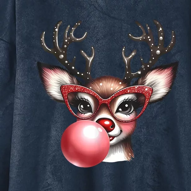 Cute Christmas Coquette Reindeer Blowing Bubble With Glasses Deer Xmas Gift Hooded Wearable Blanket