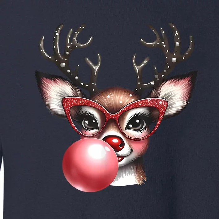 Cute Christmas Coquette Reindeer Blowing Bubble With Glasses Deer Xmas Gift Toddler Sweatshirt