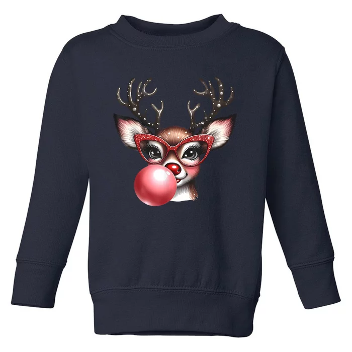 Cute Christmas Coquette Reindeer Blowing Bubble With Glasses Deer Xmas Gift Toddler Sweatshirt