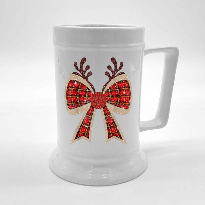 Cute Christmas Coquette Bow Reindeer Bling Bling Xmas Gift Front & Back Beer Stein