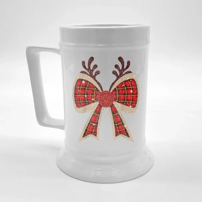 Cute Christmas Coquette Bow Reindeer Bling Bling Xmas Gift Front & Back Beer Stein