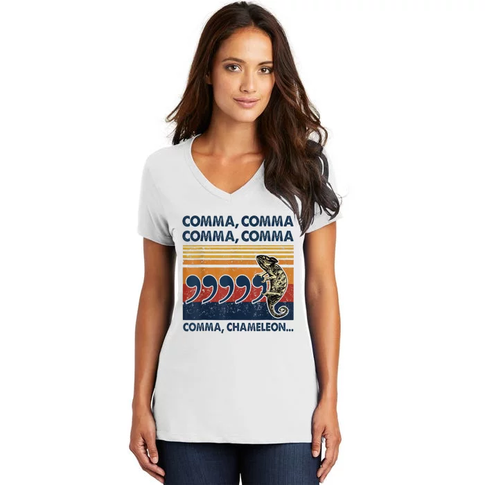 Comma Comma Chameleon Funny Grammar English Teacher Women's V-Neck T-Shirt