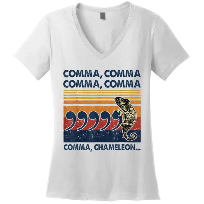 Comma Comma Chameleon Funny Grammar English Teacher Women's V-Neck T-Shirt