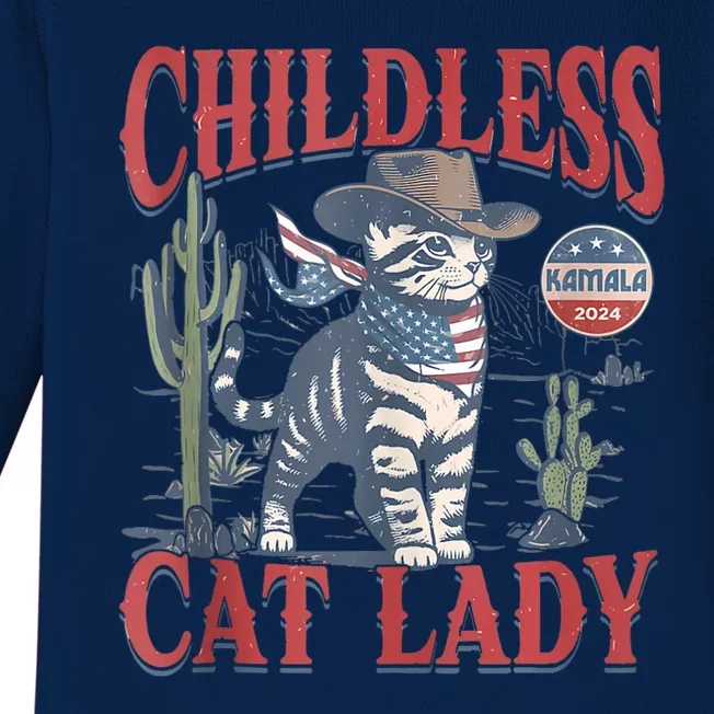 Cowboy Cat Childless Cat Lady For Kamala Election Voting Baby Long Sleeve Bodysuit