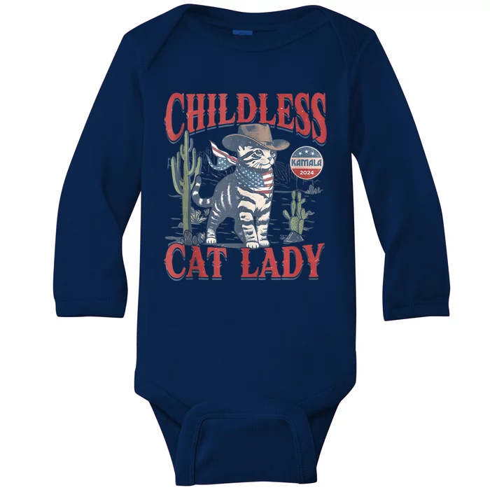 Cowboy Cat Childless Cat Lady For Kamala Election Voting Baby Long Sleeve Bodysuit