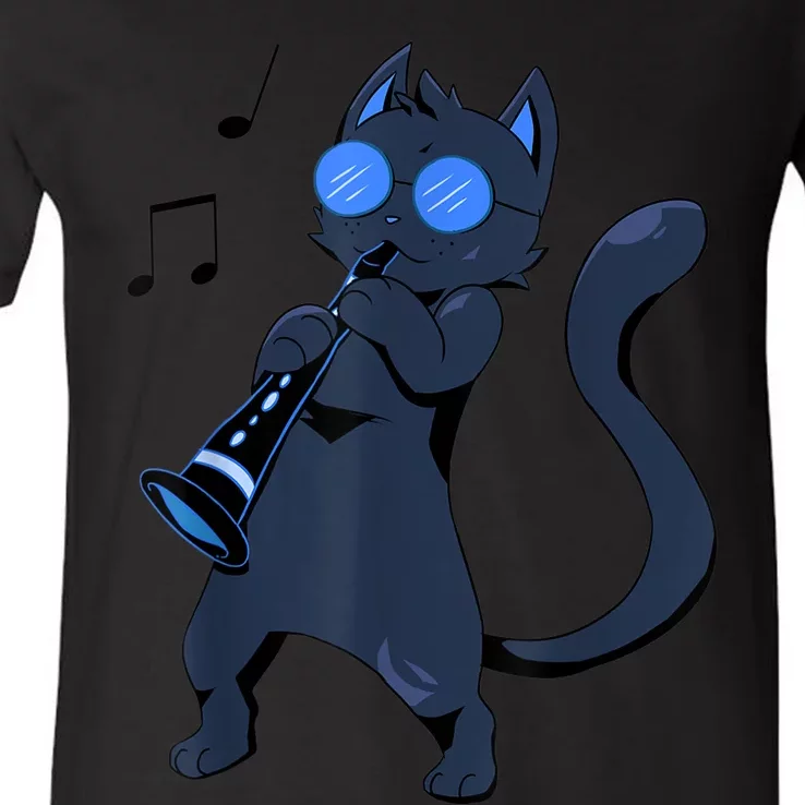 Clarinet Cool Cat Hippy Hipster Kitty Playing Music V-Neck T-Shirt