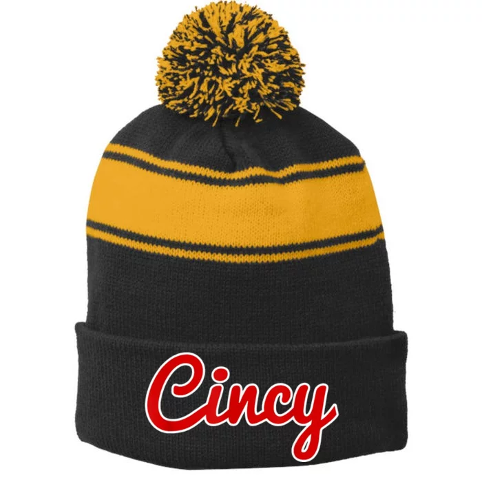 Cincy Cincinnati Stripe Pom Pom Beanie