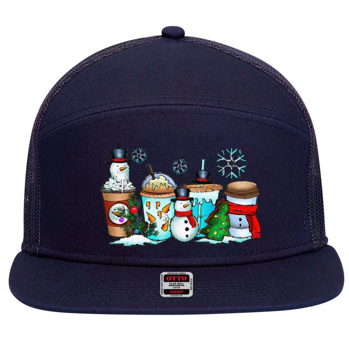 Christmas Coffee Cups Snowman Retro Groovy Xmas Tree Cookies 7 Panel Mesh Trucker Snapback Hat