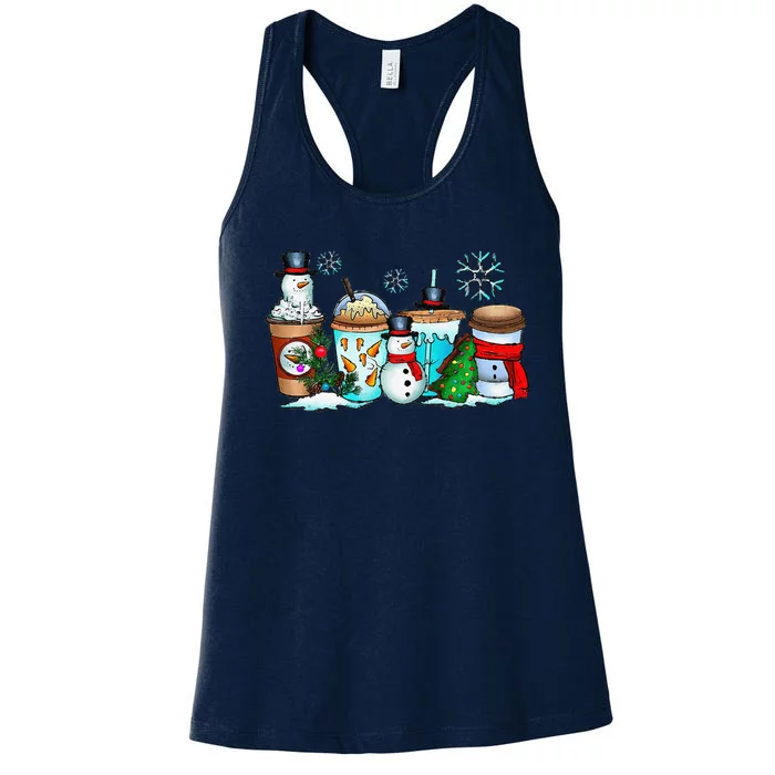 Christmas Coffee Cups Snowman Retro Groovy Xmas Tree Cookies Women's Racerback Tank