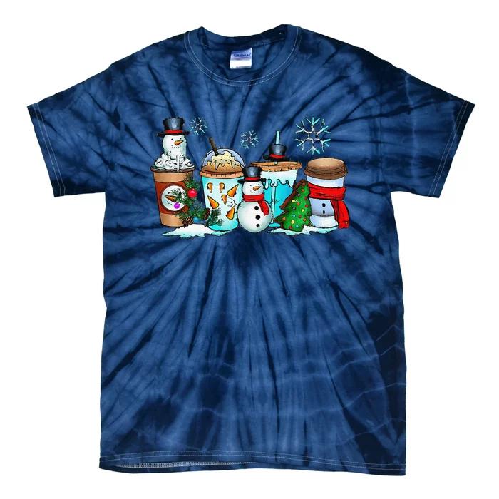 Christmas Coffee Cups Snowman Retro Groovy Xmas Tree Cookies Tie-Dye T-Shirt